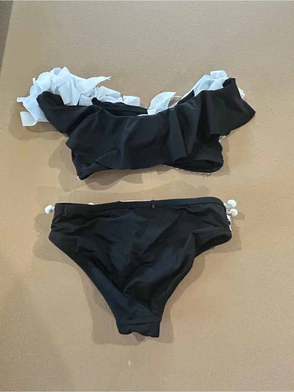 Stella Cove Black Bikini with White Leaf Appliqué and Pom-Pom Trim